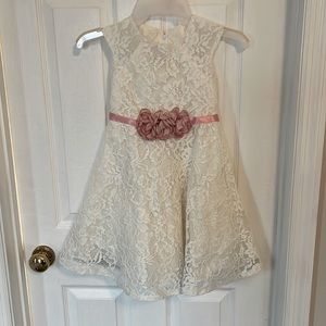 Lace Dress, Off White, w/ pink tie ribbon, 5T